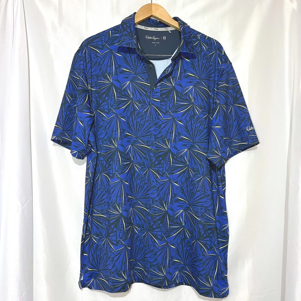 Walter Hagen 11 Mens Blue Tropical Palm Leaf Print Golf Polo Shirt Large